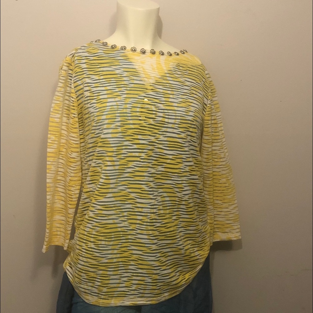 Sheer lemon and white patterned shirt.